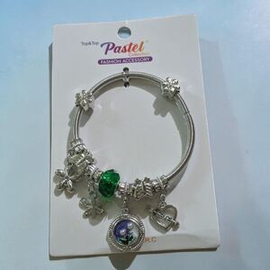 Silver Charm Bracelet Butterfly Flower Love Heart Green Bead Boho Cottagecore